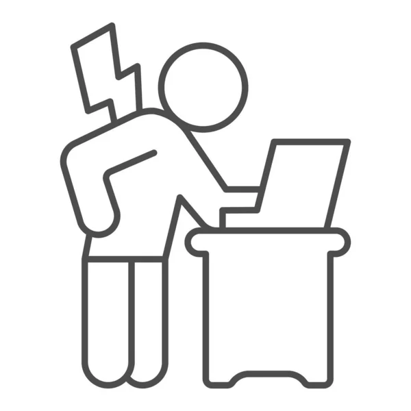 Man rugpijn met laptop dunne lijn pictogram, office esyndrome concept, man, rug pijn vector teken op witte achtergrond, man, laptop outline stijl voor mobiele concept en web design. vectorgrafieken. — Stockvector