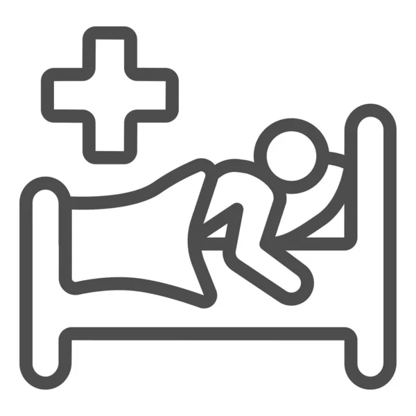 Ikona szpitalnej linii łóżka pacjenta, koncepcja officesyndrome, mężczyzna w łóżku znak wektor na białym tle, pacjent w stylu zarys łóżka dla koncepcji mobilnej i projektowania stron internetowych. Grafika wektorowa. — Wektor stockowy