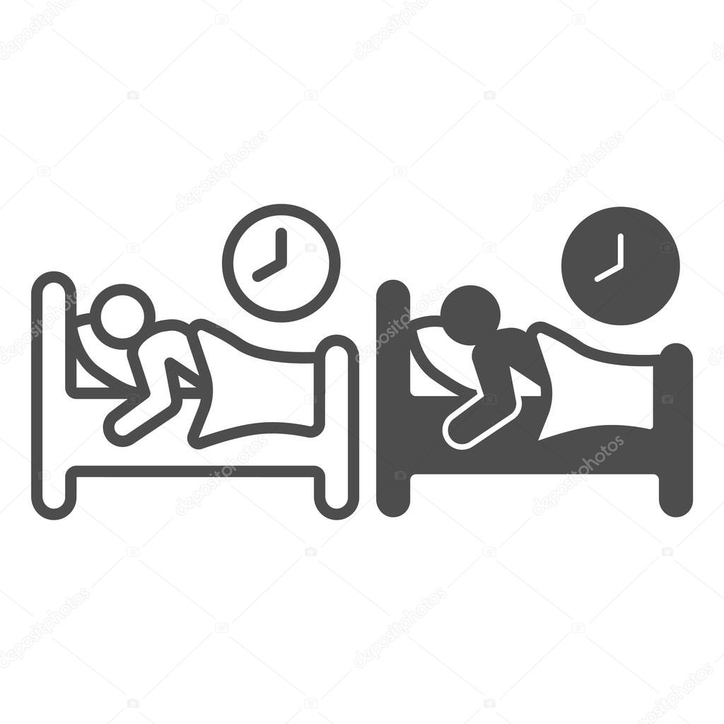 Healthy sleep line and solid icon, officesyndrome concept, healthy sleep vector sign on white background, man sleeping in bed outline style for mobile concept and web design. Vector graphics