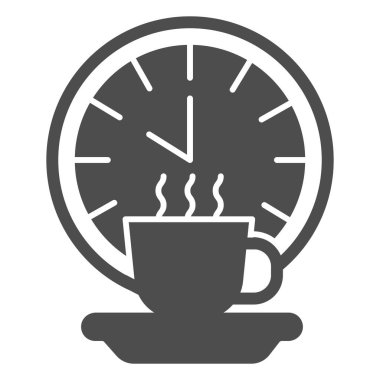 Kahve molası katı ikon, ofis sendromu kavramı, beyaz arka planda kahve molası vektör işareti, mobil konsept ve web tasarımı için kahve ve saat kabartma tarzı. Vektör grafikleri.