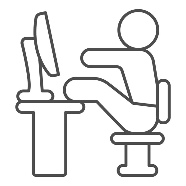 Fauler Angestellter mit dünnem Strich, Bürokonzept, fauler Mann, der am Schreibtischvektorschild auf weißem Hintergrund sitzt, Mann mit PC-Umrissen für mobiles Konzept und Webdesign. Vektorgrafik. — Stockvektor