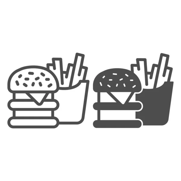 Línea de comida rápida e icono sólido, concepto de oficina, signo de vector de comida rápida en el fondo blanco, hamburguesa y papas fritas esbozan el estilo para el concepto móvil y el diseño web. Gráficos vectoriales. — Vector de stock