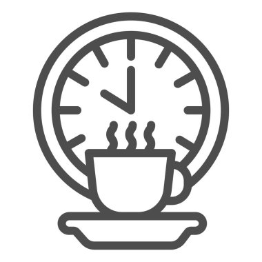 Kahve molası çizgisi ikonu, ofis endromu kavramı, beyaz arka planda kahve molası vektör işareti, mobil konsept ve web tasarımı için kahve ve saat tasarımı tarzı. Vektör grafikleri.