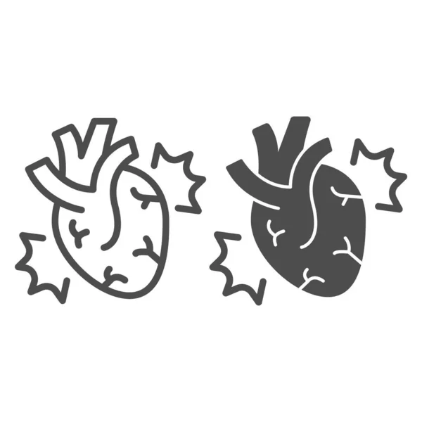 Línea de ataque al corazón e icono sólido, concepto de oficinasíndrome, signo de vector de dolor cardíaco sobre fondo blanco, corazón y estilo de contorno de dolor para el concepto móvil y diseño web. Gráficos vectoriales. — Vector de stock