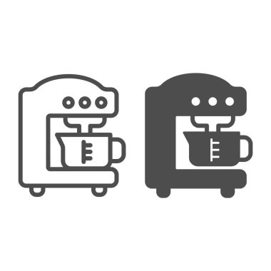 Kahve makinesi hattı ve katı ikon, İngiliz kahvaltısı konsepti, beyaz arka planda kahve makinesi vektör işareti, mobil konsept ve web tasarımı için kahve makinesi tasarımı tarzı. Vektör grafikleri.