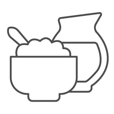 Süt ve kaymak tabakası ince çizgi ikonu, İngiliz kahvaltısı konsepti, süt, beyaz arka plan, vazo, mobil konsept ve web tasarımı için tabak ana hatları tarzı olan vazo. Vektör grafikleri.