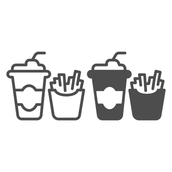 Verre de ligne de cola et frites et icône solide, concept de petit déjeuner anglais, signe vecteur de restauration rapide sur fond blanc, cola, frites style contour pour concept mobile et web design. Graphiques vectoriels. — Image vectorielle