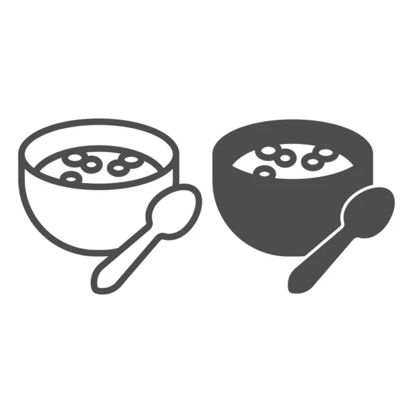 Линия молочной каши и твердая икона, концепция завтрака, тарелка с векторным знаком каши на белом фоне, тарелка, ложка для мобильного концепта и веб-дизайна. Векторная графика. — стоковый вектор