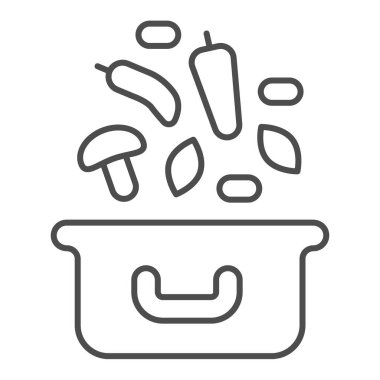 Tencere ve çorba malzemelerini pişirmek ince çizgi ikonu, İngiliz kahvaltısı konsepti, beyaz arka planda çorba malzemeleri vektör işareti, mobil konsept ve web tasarımı için ot taslağı tarzı. Vektör grafikleri.