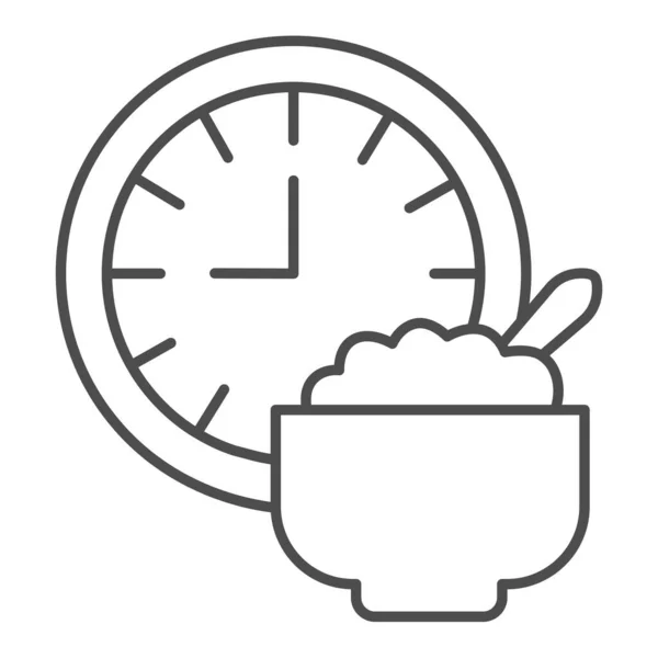 壁の時計やお粥プレート細い線のアイコン、英語の朝食のコンセプト、白い背景に朝食ベクトル記号、時計、携帯電話のコンセプトやウェブデザインのプレートアウトラインスタイル。ベクトルグラフィックス. — ストックベクタ