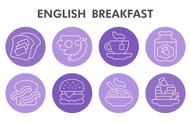 Modern İngiliz kahvaltısı Infographic tasarım şablonu. Beyaz arka planda baloncuk tasarımı ile kahvaltı görselleştirmesi. Sunum için İngilizce kahvaltı şablonu. Bilgisel illüstrasyon.