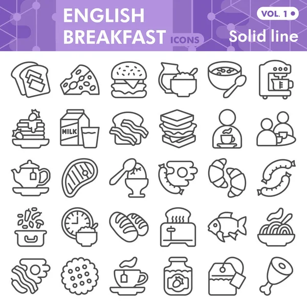 İngiliz kahvaltı çizgisi ikonu seti, yiyecek sembolleri koleksiyonu veya çizimler. Ağ ve uygulama için İngilizce kahvaltı tarzı işaretler. Beyaz arkaplanda izole edilmiş vektör grafikleri. — Stok Vektör