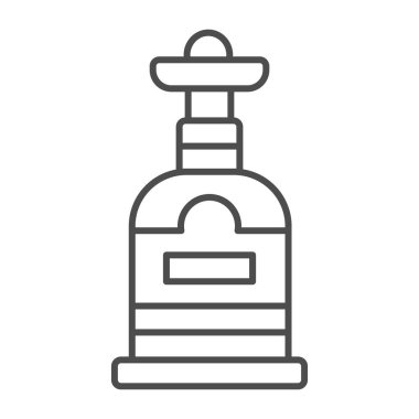 Sombrero ince çizgi ikonlu bir şişe tekila, bar konsepti, beyaz arka planda şişe alkollü içecek vektör işareti, mobil konsept ve web tasarımı için taslak tarzı ikon. Vektör grafikleri.