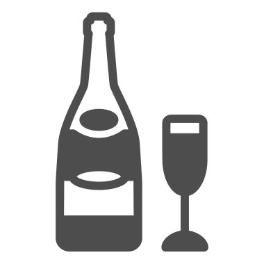 Flüt camlı bir şişe şampanya, sağlam bir ikon, şaraphane konsepti, beyaz arka planda köpüklü şarap vektör işareti, mobil konsept ve web tasarımı için glyph tarzı ikon. Vektör grafikleri.
