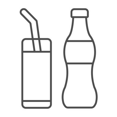 Soda şişesi, cam ve saman ince çizgi ikonu, içecek konsepti, beyaz arka planda alkolsüz içecek vektör tabelası, mobil konsept ve web tasarımı için taslak tarzı ikon. Vektör grafikleri.
