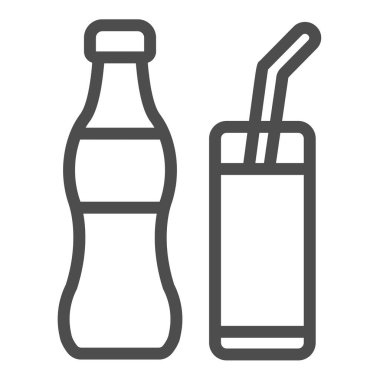 Cam ve saman hattı ikonlu soda şişesi, içecek konsepti, beyaz arka planda alkolsüz içecek vektör tabelası, mobil konsept ve web tasarımı için taslak tarzı ikon. Vektör grafikleri.