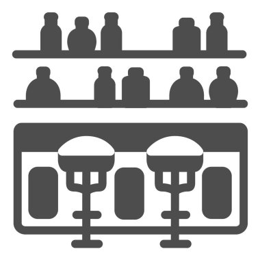 Taburesi ve şişeleri olan bar tezgahı katı ikon, barlar ve barlar konsepti, beyaz arka planda bar içi vektör tabelası, mobil konsept ve web tasarımı için glifli simge. Vektör grafikleri.