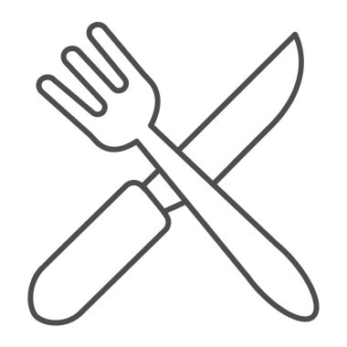 Çatal ve bıçak çakışmış, çatal ve bıçak yeme aletleri ince çizgi ikonu, yemek servisi konsepti, beyaz arka planda çatal bıçak vektör işareti, mobil konsept ve web tasarımı için tasarım tasarımı için taslak tarzı ikonu. Vektör grafikleri.