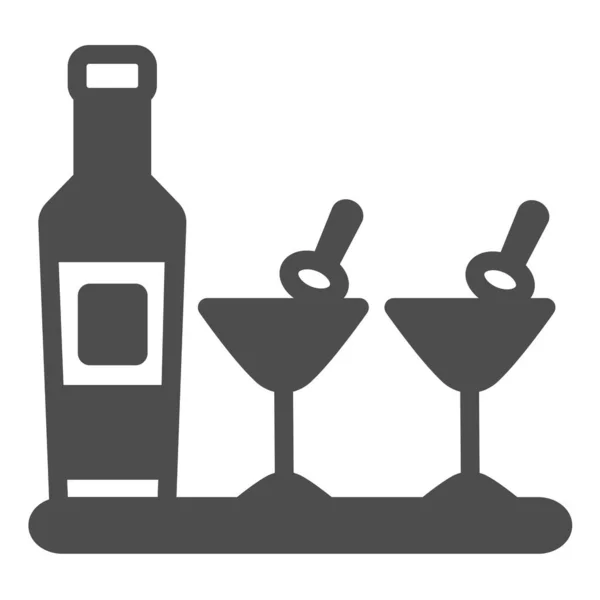 Fles Martini, twee glazen, olijven op tandenstoker solide icoon, bar concept, cocktail vector teken op witte achtergrond, glyph stijl icoon voor mobiel concept en web design. vectorgrafieken. — Stockvector