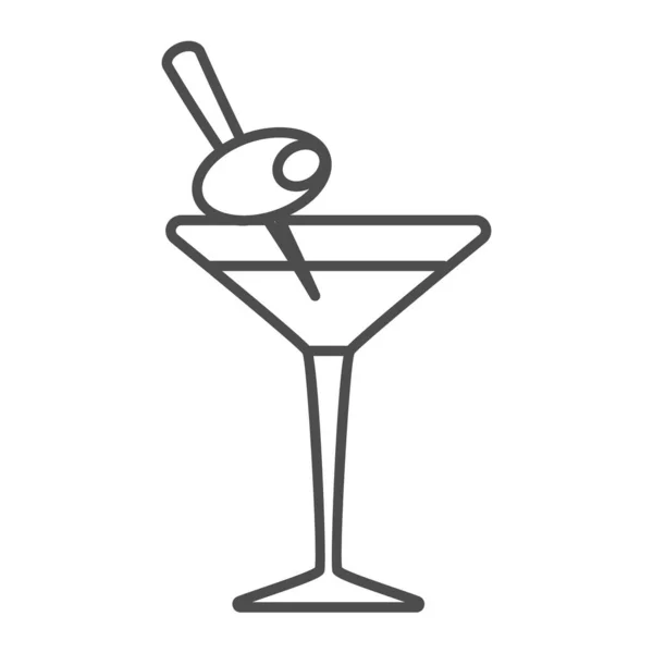 Sklenice Martini s olivou na párátku tenká čára ikona, bar koncept, vermut koktejl vektor znamení na bílém pozadí, obrys styl ikony pro mobilní koncept a web design. Vektorová grafika. — Stockový vektor
