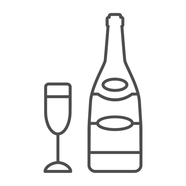 Bottiglia di champagne con icona di linea sottile di vetro flauto, concetto di cantina, segno vettore di spumante su sfondo bianco, icona di stile di contorno per concetto mobile e web design. Grafica vettoriale. — Vettoriale Stock