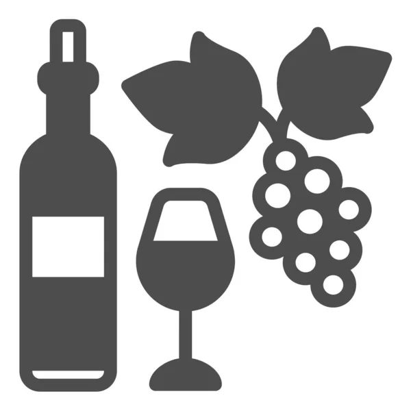 Weinflasche, Glas und Traubenstrauß solides Symbol, Weingut-Konzept, Vollwineglas-Vektorschild auf weißem Hintergrund, Glyph-Stil-Symbol für mobiles Konzept und Webdesign. Vektorgrafik. — Stockvektor