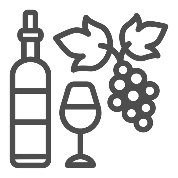 Bottiglia di vino, bicchiere e grappolo d'uva icona della linea, concetto di cantina, segno vettoriale completo di bicchiere da vino su sfondo bianco, icona di stile di contorno per concetto mobile e web design. Grafica vettoriale. — Vettoriale Stock