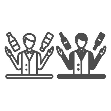 Barmen hokkabazlık şişeleri, iş yerinde barmen ve sağlam ikon, bar konsepti, beyaz arka planda barmen hokkabaz vektör işareti, mobil konsept ve web tasarımı için taslak tarzı ikon. Vektör grafikleri.