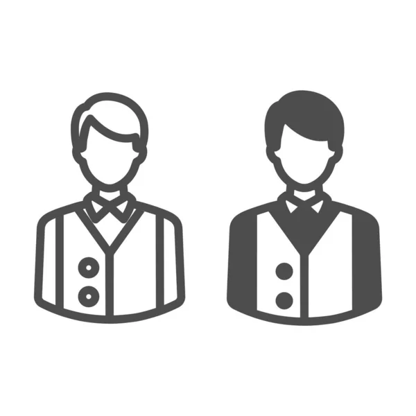 Barman ou serveur en uniforme, ligne de barman et icône solide, concept de restauration, signe vectoriel employé sur fond blanc, icône de style contour pour concept mobile et web design. Graphiques vectoriels. — Image vectorielle