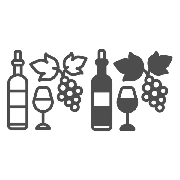 Винна пляшка, склянка та купа виноградної лінії та суцільна ікона, концепція винзаводу, повний векторний знак винограду на білому тлі, значок стилю контуру для мобільної концепції та веб-дизайну. Векторна графіка . — стоковий вектор