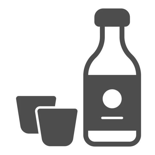 Botella de sake y dos vasos, bebida alcohólica icono sólido, concepto de comida asiática, signo de vector de bebida sobre fondo blanco, icono de estilo glifo para el concepto móvil y diseño web. Gráficos vectoriales. — Vector de stock