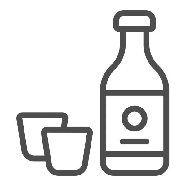 Саке бутылка и два стакана, алкогольные напитки линии значок, азиатская концепция питания, напиток вектор знак на белом фоне, очертания стиль иконка для мобильного концепции и веб-дизайна. Векторная графика. — стоковый вектор