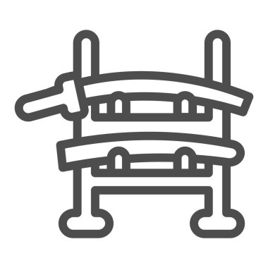 Tahta samuray kılıcı sahibi katana raf çizgisi ikonu, Asya kültürü konsepti, beyaz arka planda kılıç standı işareti, mobil konsept ve web tasarımı için taslak tarzı ikon. Vektör grafikleri.