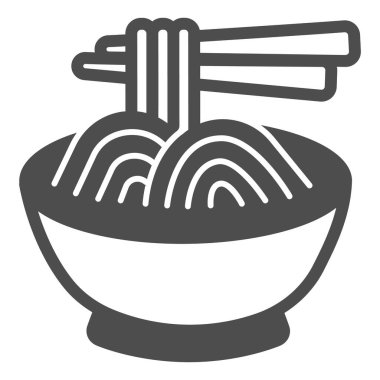 Bir kasede erişte ve yemek çubukları katı ikon, Asya yemeği konsepti, beyaz arka planda spagetti vektör işareti, mobil konsept ve web tasarımı için glifli simge. Vektör grafikleri.