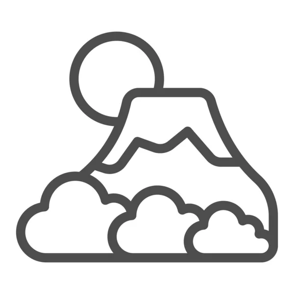 Monte Fuji com nevoeiro, sol e neve, ícone de linha de vulcão, conceito de cultura asiática, sinal de vetor de montanha no fundo branco, ícone de estilo de contorno para o conceito móvel e web design. Gráficos vetoriais. — Vetor de Stock