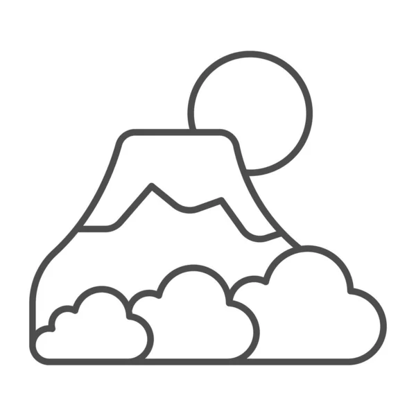 Monte Fuji com nevoeiro, sol e neve, ícone de linha fina vulcão, conceito de cultura asiática, sinal de vetor de montanha no fundo branco, ícone de estilo esboço para o conceito móvel e web design. Gráficos vetoriais. — Vetor de Stock