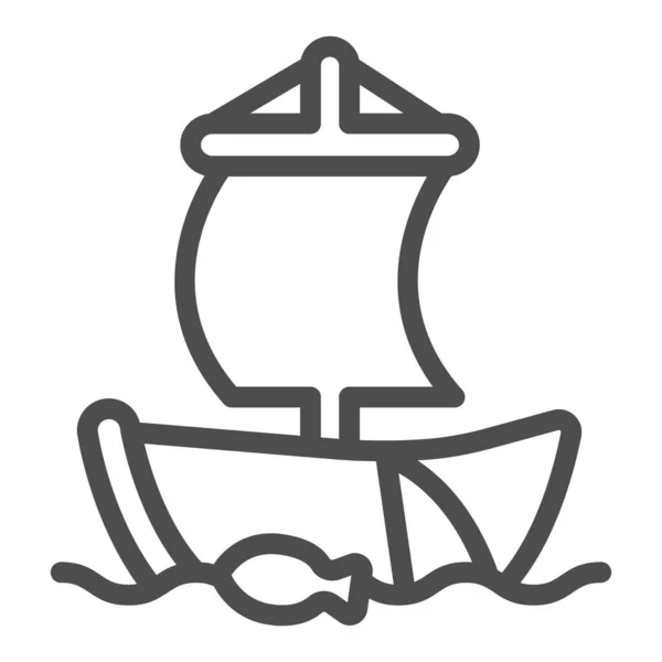 Antiguo velero en el mar con el icono de la línea de la red de pesca, concepto de cultura asiática, signo de vector de barco sobre fondo blanco, icono de estilo de esquema para el concepto móvil y diseño web. Gráficos vectoriales. — Archivo Imágenes Vectoriales