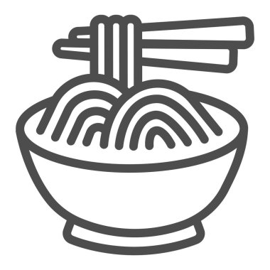 Bir kasede erişte ve yemek çubuğu çizgisi ikonu, Asyalı yemek konsepti, beyaz arka planda spagetti vektör işareti, mobil konsept ve web tasarımı için taslak stil ikonu. Vektör grafikleri.