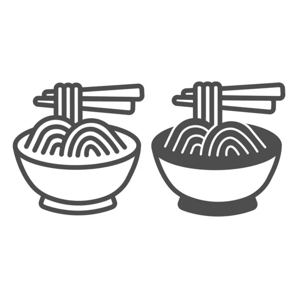 Лапша в чаше и палочки линии и твердый значок, азиатская концепция питания, знак вектора спагетти на белом фоне, иконка наброска стиль для мобильной концепции и веб-дизайна. Векторная графика. — стоковый вектор