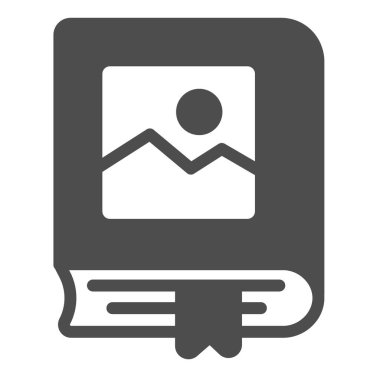 Peyzaj resmi ve kurdele yer imlerine sahip kitap katı ikon, okuma konsepti, beyaz arkaplan üzerinde hacim vektör işareti, mobil konsept ve web tasarımı için kabartma tarzı simge. Vektör grafikleri.