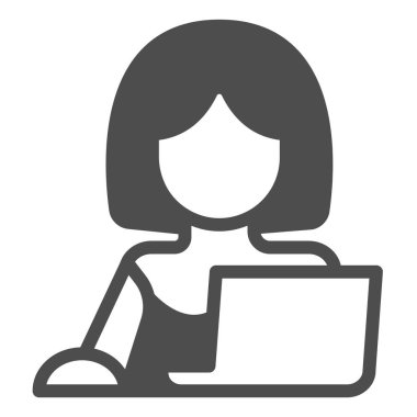 Dizüstü bilgisayarı olan bir kadın, serbest çalışan katı bir ikon, çalışma ve çalışma konsepti, beyaz arka planda öğrenci vektör işareti, mobil konsept ve web tasarımı için kabartma tarzı simge. Vektör grafikleri.