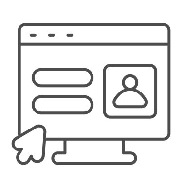 Monitör, kullanıcı yetkilendirme penceresi, imleç imleç imleci ince çizgi simgesi, ui konsepti, beyaz arkaplanda avatar vektör işareti, mobil konsept ve web tasarımı için taslak biçimi simgesi. Vektör grafikleri.