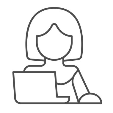 Dizüstü bilgisayarı olan bir kadın, serbest çalışan ince çizgi ikonu, çalışma ve çalışma konsepti, beyaz arka planda öğrenci vektör imzası, mobil konsept ve web tasarımı için taslak tarzı simge. Vektör grafikleri.