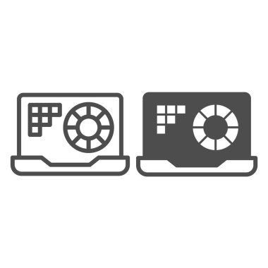 Ekran çizgisinde dizüstü bilgisayar ve renk tekerleği paleti ve katı ikon, tasarım konsepti, beyaz arkaplanda pasta grafiği vektör işareti, mobil konsept ve web tasarımı için taslak biçimi simgesi. Vektör grafikleri.