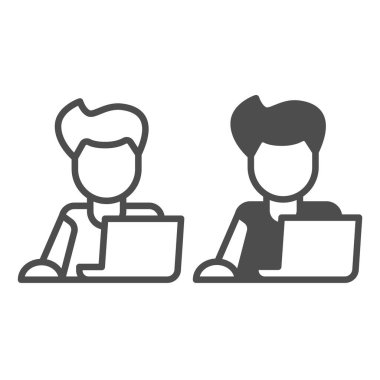 Dizüstü bilgisayarında fare, serbest çalışan, programcı ve sağlam ikon, iş konsepti, beyaz arka planda öğrenci vektör işareti, mobil konsept ve web tasarımı için taslak tarzı simgesi olan adam. Vektör grafikleri.