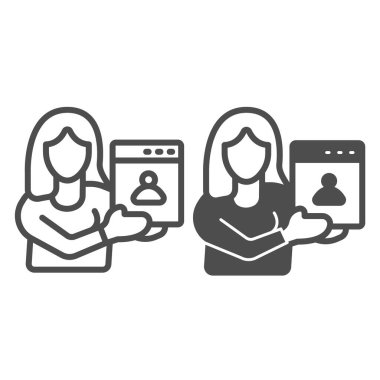 Web tasarımcısı, site proje çizgisi sunumu ve sağlam ikon, ui konsepti, beyaz arka planda geliştirici vektör işareti, mobil konsept ve web tasarımı için taslak biçimi ikonu ile kadın web tasarımcısı. Vektör grafikleri.