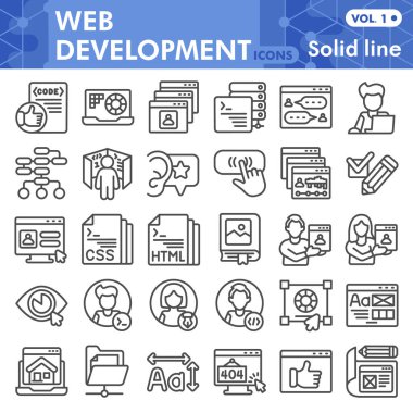 Web geliştirme satırı simgesi seti, web sitesi tasarım sembolleri koleksiyonu veya taslakları. İnternet ve uygulama için manşet tarzı işaretleri içeren sağlam bir satır kodlaması. Beyaz arkaplanda izole edilmiş vektör grafikleri.