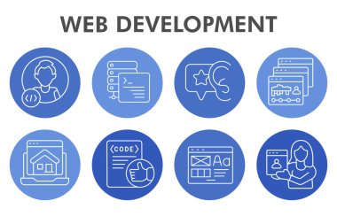 Modern web geliştirme Infographic tasarım şablonu. Mavi arka planda sekiz adım daire dizaynı ile görselleştirme programlanıyor. Sunum için site tasarım şablonu. Yaratıcı vektör.