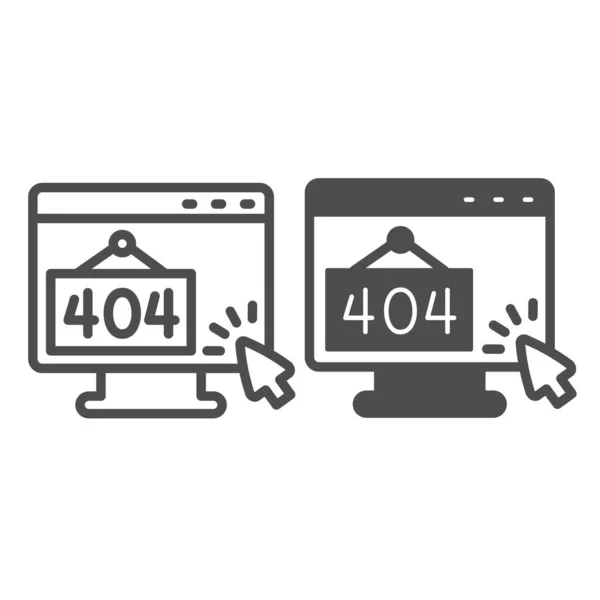 Övervaka med fel 404 och markör pekare musen linje och fast ikon, computing koncept, monoblock vektor tecken på vit bakgrund, kontur stil ikon för mobila koncept webbdesign. Vektorgrafik. — Stock vektor