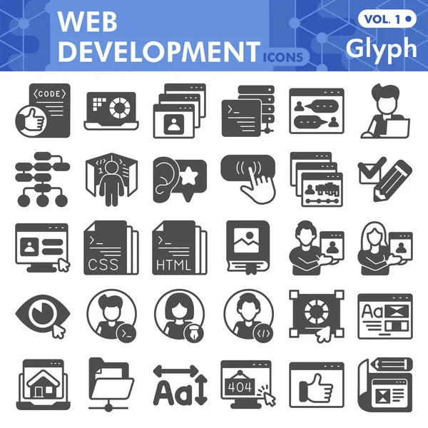 Conjunto de iconos de línea de desarrollo web, colección de símbolos de diseño web o bocetos. Glifo de codificación con signos de estilo lineal de encabezado para web y aplicación. Gráficos vectoriales aislados sobre fondo blanco. — Archivo Imágenes Vectoriales